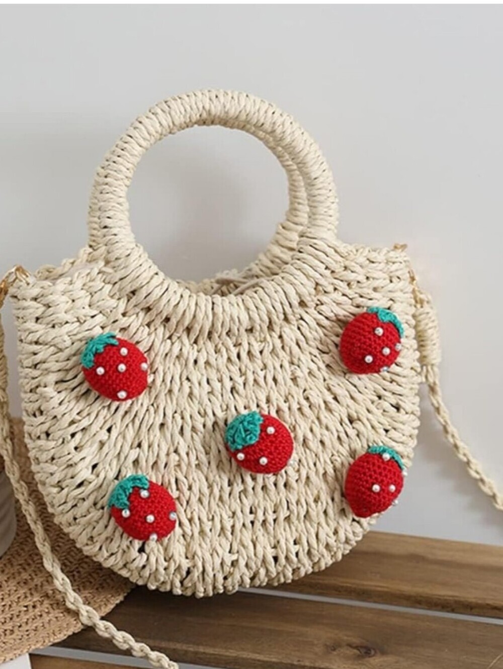 Straw Circle Handbag with Red Strawberry Accents